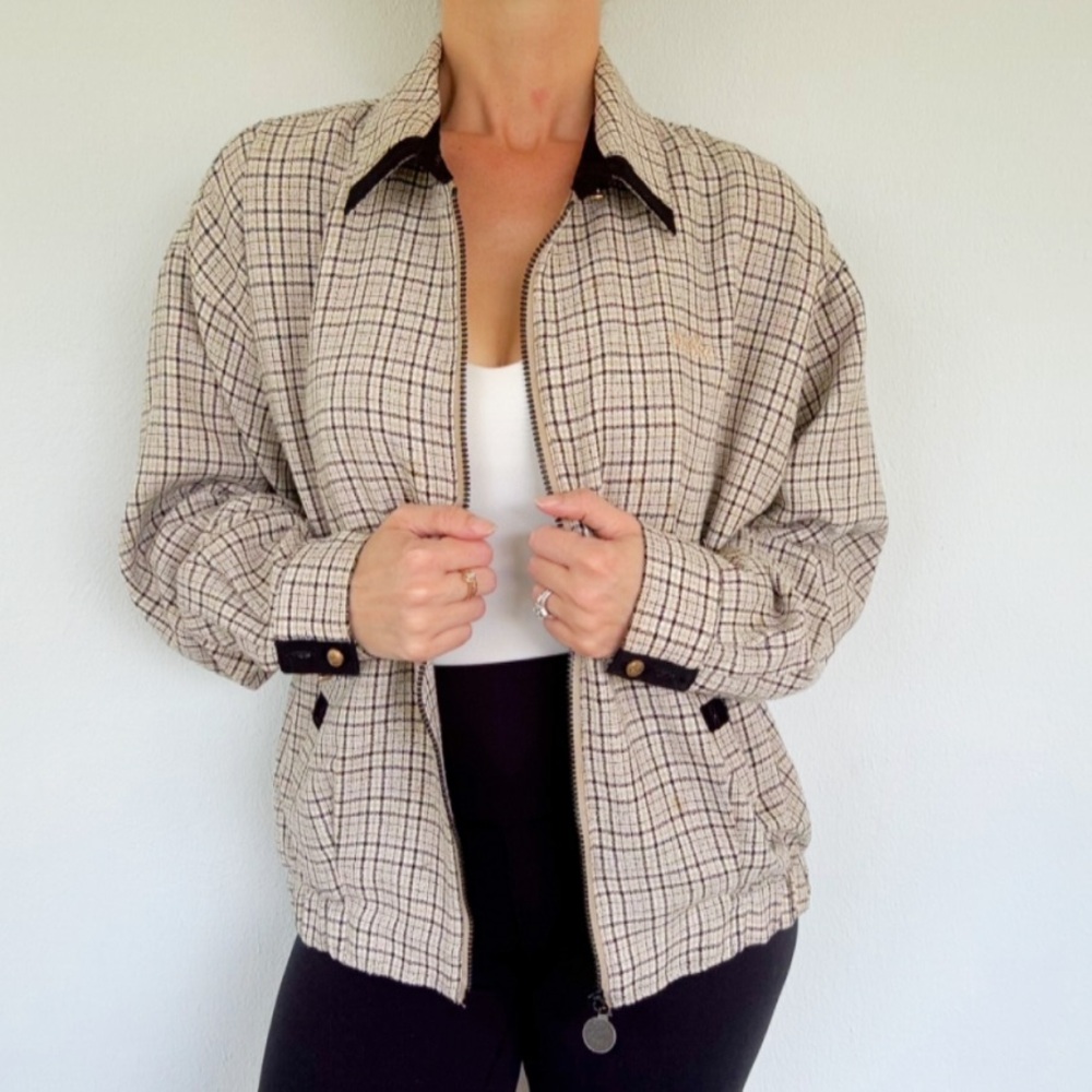 Vintage ellesse cream black plaid full zip collared lightweight jacket size 10